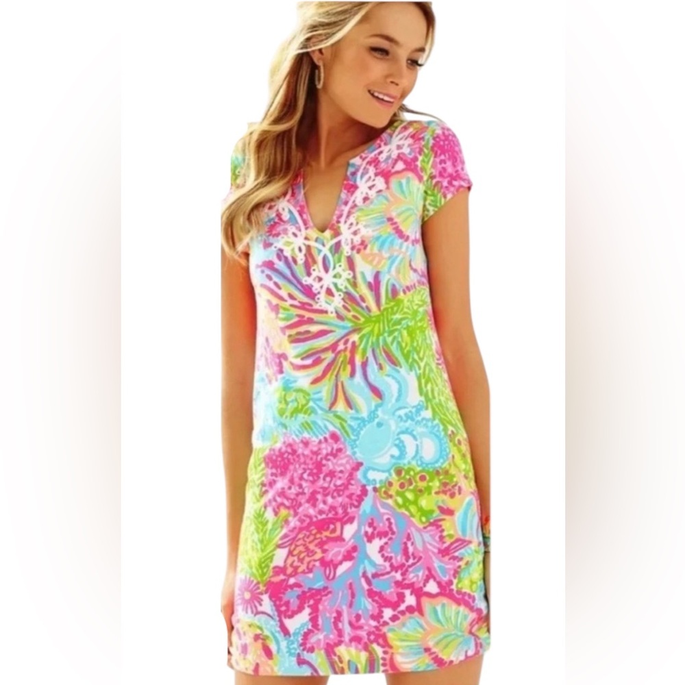 Lilly Pulitzer Brewster Dress Sz Small Lovers Coral Print Bright Tropical - Picture 7 of 7